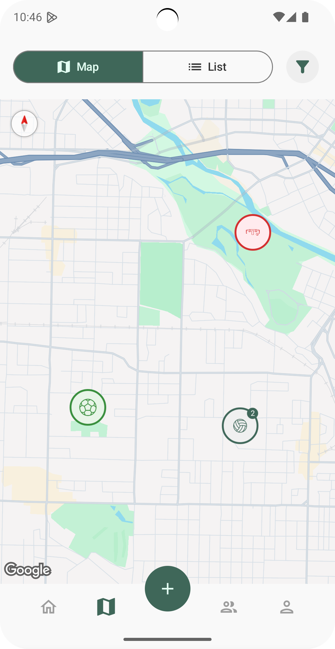 Pickup app showing nearby games on a map